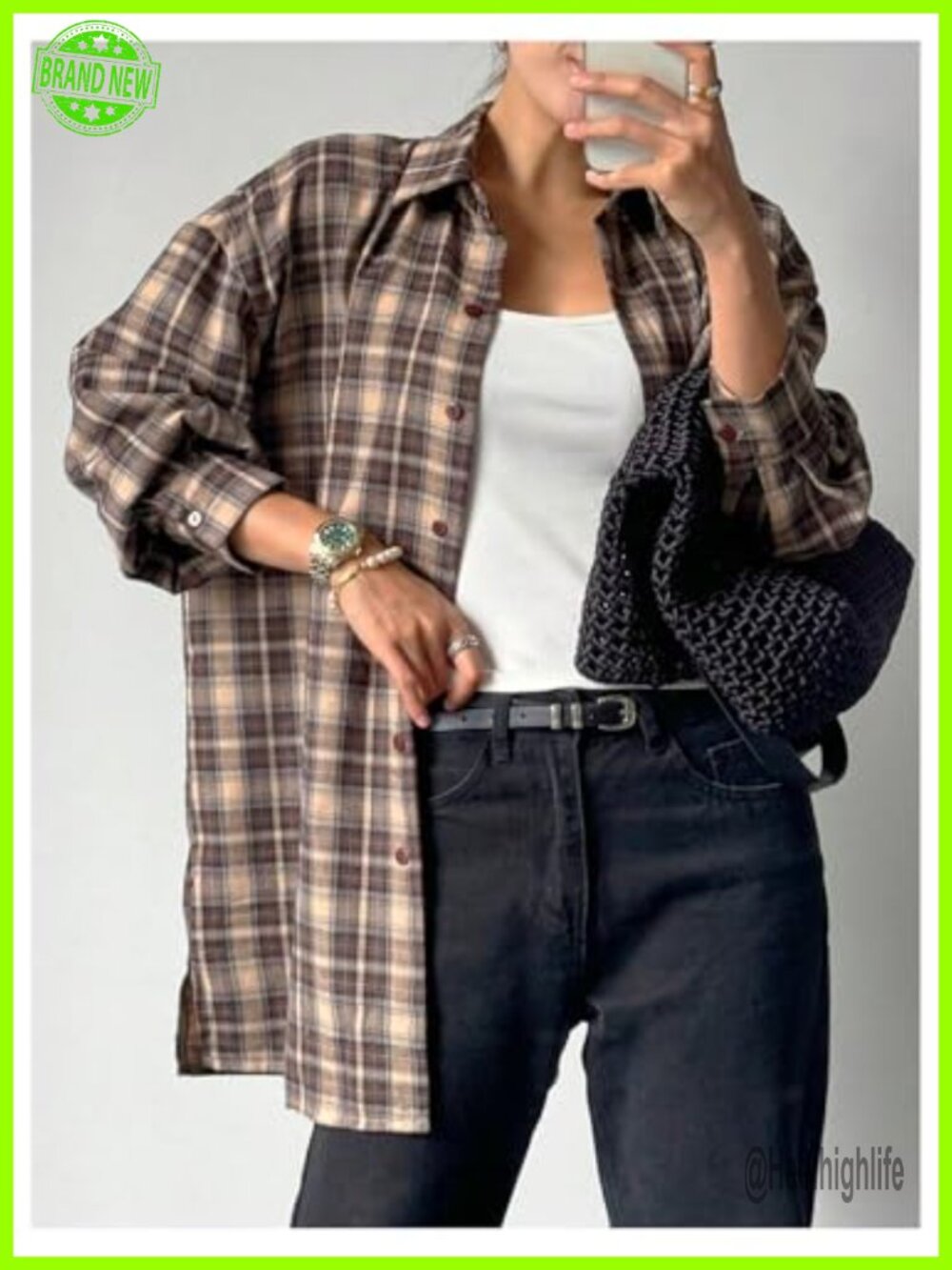 Oversized Plaid Button Down Shirt Long Sleeve Collared Blouse - Picture 4 of 6